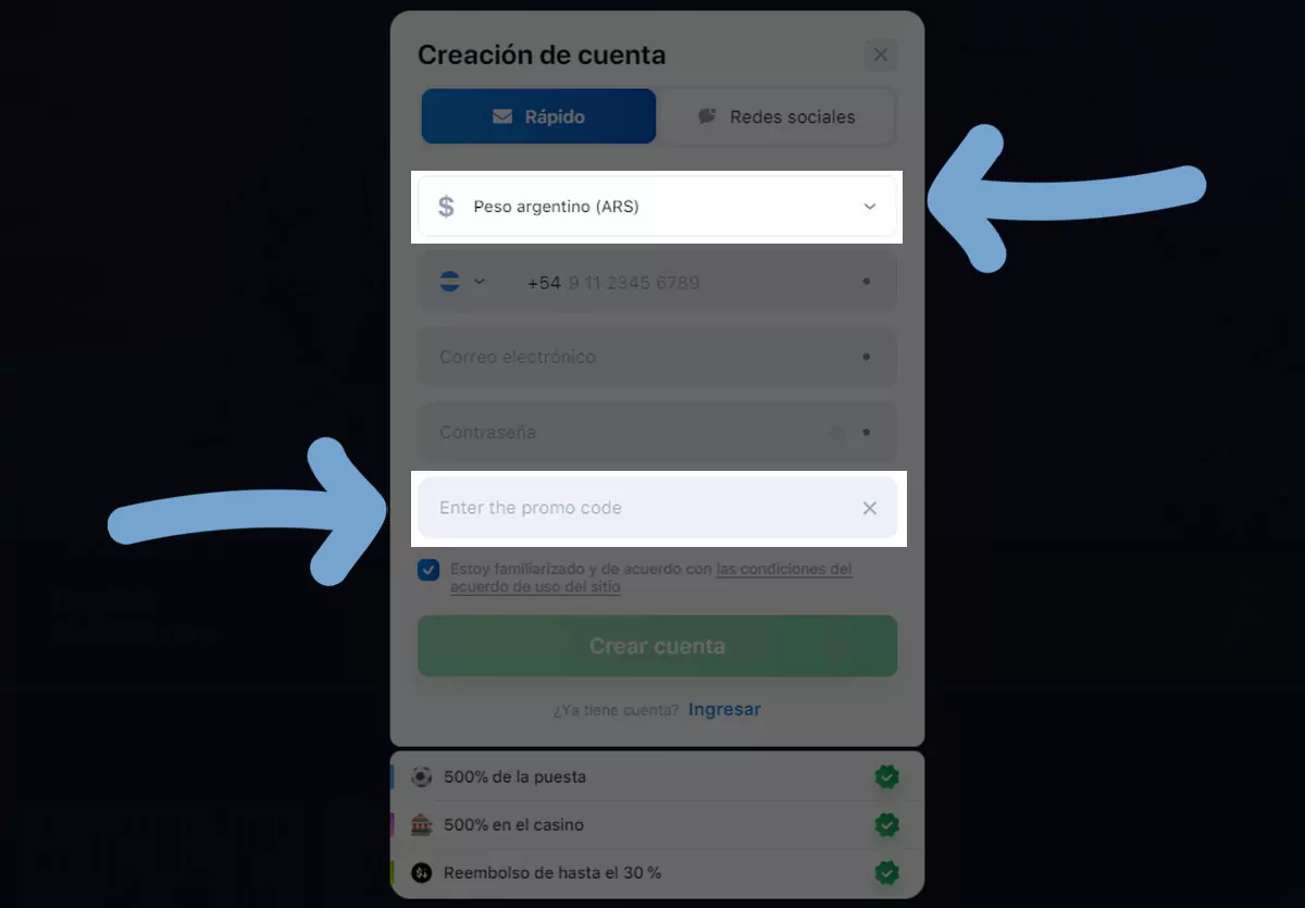 Selecciona la moneda de tu preferencia e introduce el código promocional, en caso de que lo tengas