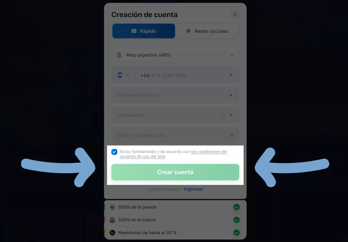 Lee y acepta el Acuerdo de Términos y Condiciones de 1win y haz clic en el botón verde 'Registrarse'